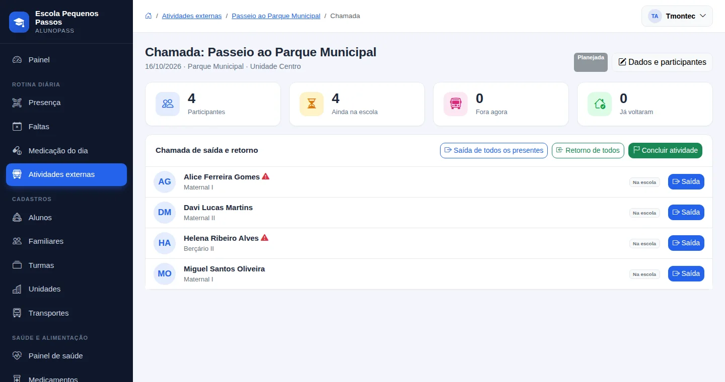 Chamada de saída e retorno de um passeio