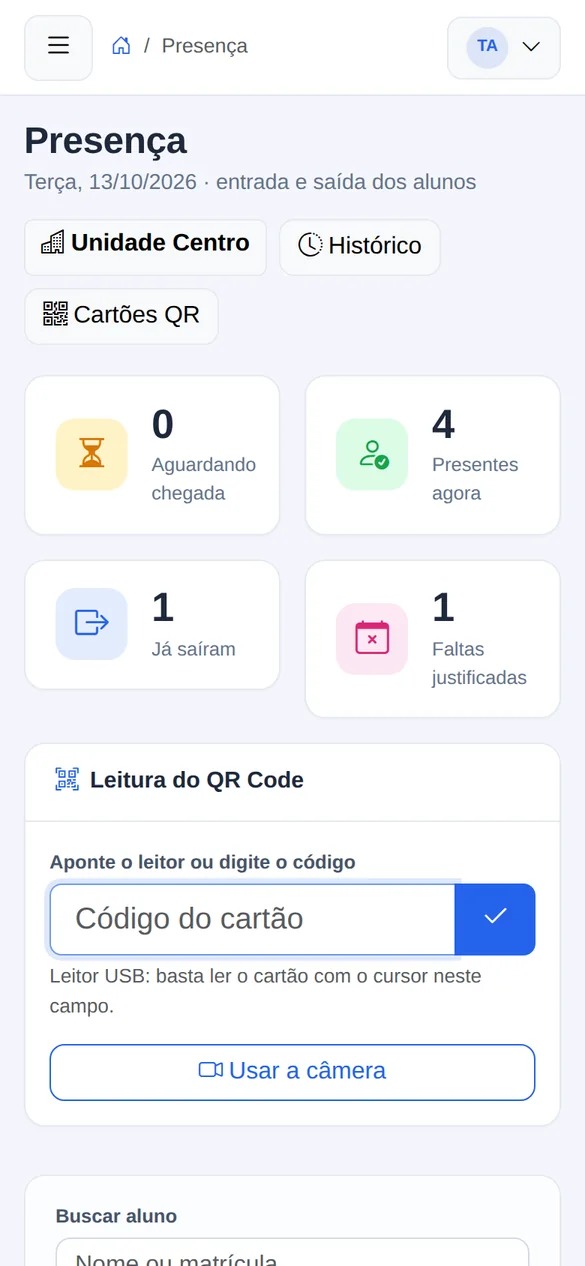 Tela de presença no celular, com leitura de QR Code