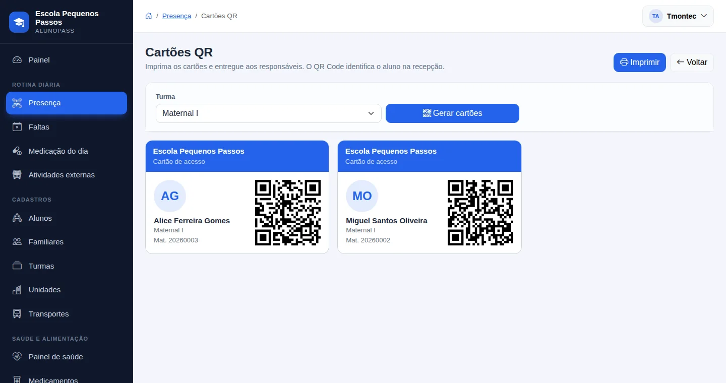 Cartões de acesso com QR Code gerados para uma turma